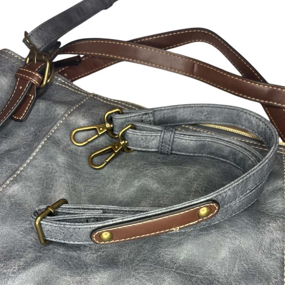 Brenice Large Faux Leather Grey Crossbody Hobo Bag with Contrast Straps - Picture 2 of 9